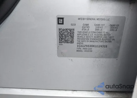 2019 Chevrolet Impala Lt z USA, uszkodzony, nr VIN 1G11Z5S30KU124319